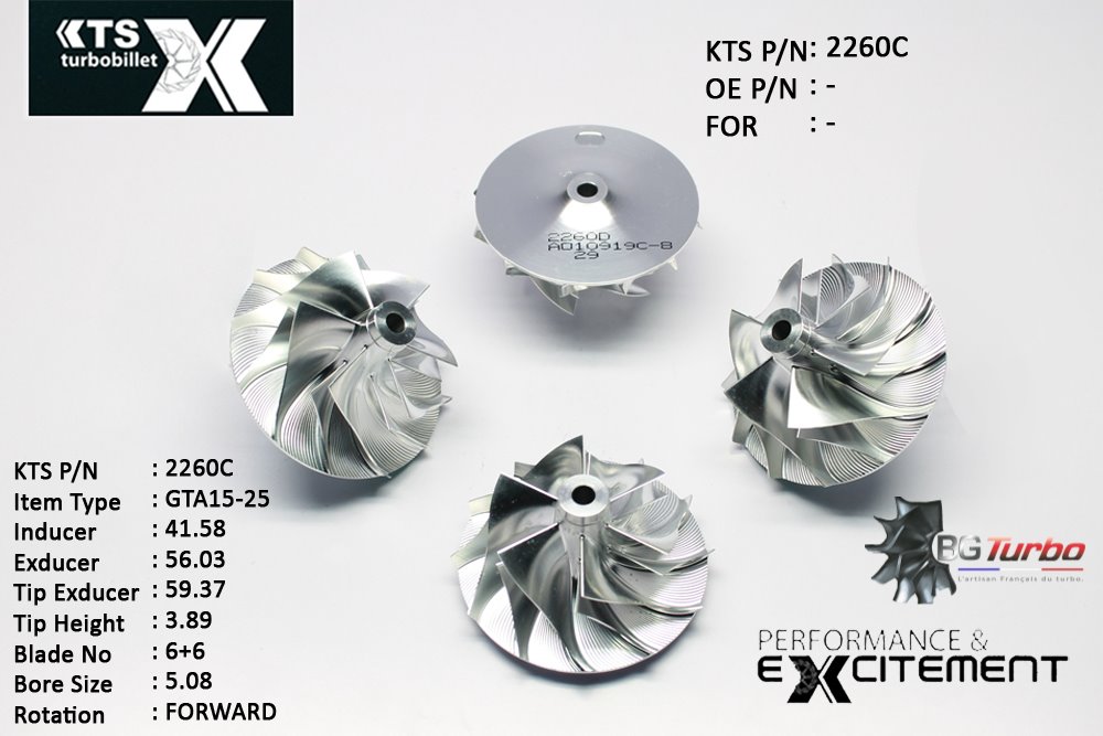 Turbo ROUE FORGÉE MFS PERFORMANCE - 6+6 PALES - INDUCER : 41,58 - EXDUCER : 56,03 - TYPE : GTA15-25ANGLE : 60° - ROTATION : Forward - SUPER BACK : 3,68 - BORE SIZE : 5,08
